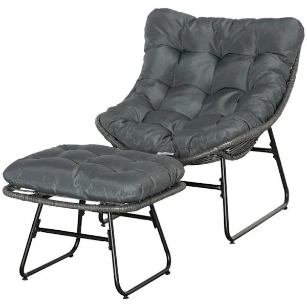 Rootz Rattan Relax Stol med fotpall - Trädgårdsstol - Utomhusstol med rotting med dyna - Stål - Polyester - Grå - 69 x 76 x 70 cm