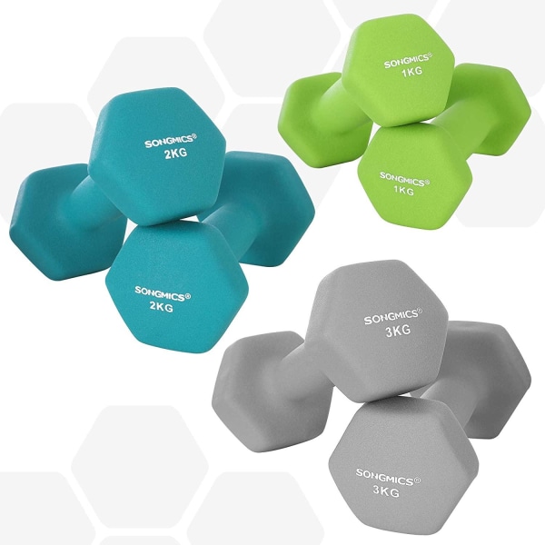 Rootz Dumbbells Set - Hantlar - Hexagonal - Hantelställ - 1 kg - 2 kg - 3 kg - Styrketräning - Limegrön - Akvamarin - Ljusgrå