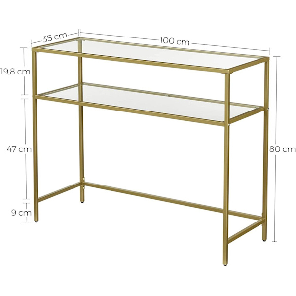 Rootz-konsolipöytä - Sivupöytä - 2 tasoa - Karkaistu lasi - Metallikehys - Säädettävät jalat - Kulta - 100 x 35 x 80 cm