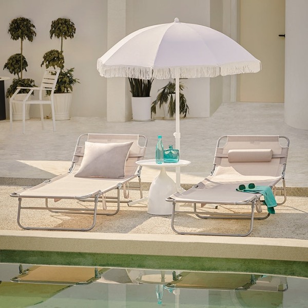 Rootz Justerbar Strandseng - Haveseng - Sammenklappelig liggestol - Åndbar syntetisk fiber - Hurtig foldningsdesign - 195 cm x 58 cm x 63 cm - Beige
