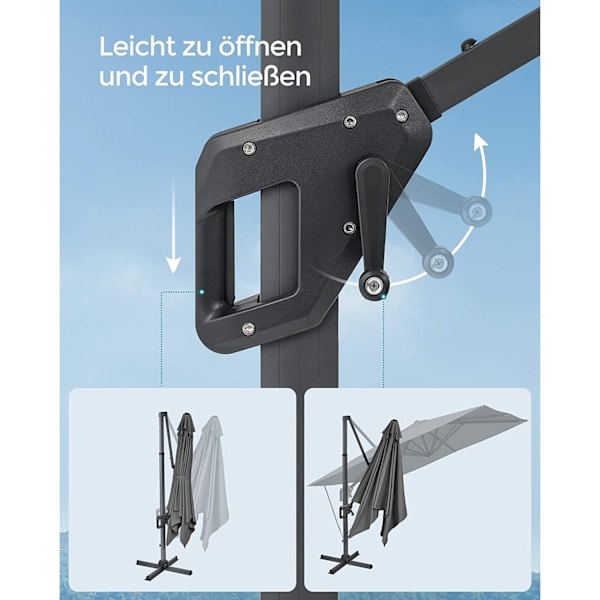 Rootz Parasol Cantilever paraply - Grå solskydd - Utomhustak - 360° rotation - 4 vinklar justering - UPF 50+ - Vattenavvisande - 200g/m² polyester - 3