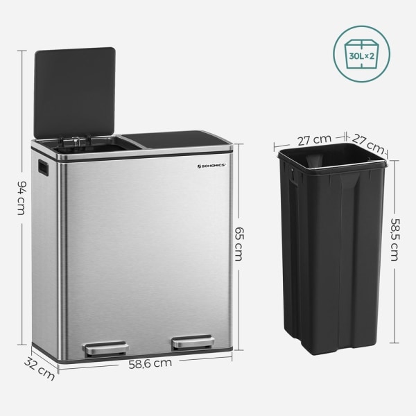 Rootz papperskorg - Soft Close-funktion - Idealisk avfallsbehållare - Badrumssopor - Perfekt design - Hög kvalitet - Innerhink - 60 liter - Rostfritt