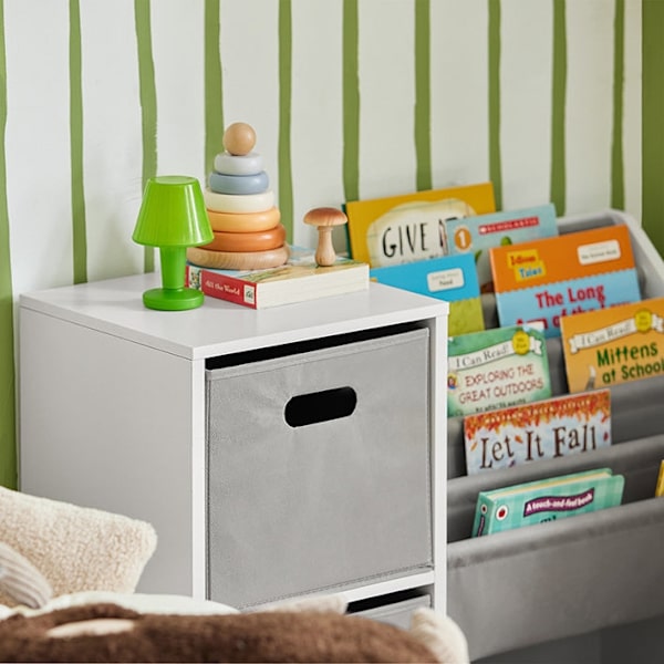 Rootz børnebogreol - Legetøjsopbevaring - Børne reol - Holdbart PB(E1) materiale - 5 rum - Etiketvenlige stofbeholdere - 80 cm x 61 cm x 30 cm