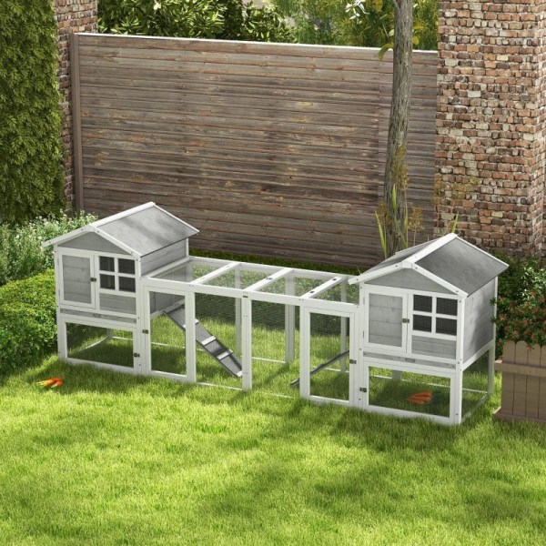 Rootz Small Animal Hutch - Dubbelt huvudhus - Marsvinshår - Bunny Run - Trä Small - Run Box - Utdragbar bricka - Ramp - Grå - 259 x 64 x 92 cm