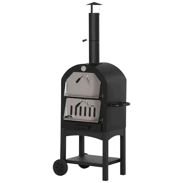 Rootz 2-i-1 utomhuspizzaugn med rullar - Grillugn med skyddande lock - Pizzaskyffel - 2 grillnät - Grillvagn med skorsten - 3-vånings vedeldad ugn för
