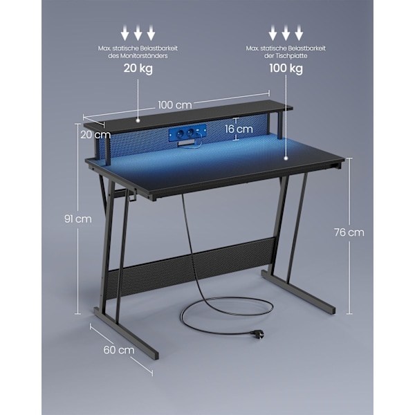 Rootz computerbord - Arbejdsstation - Arbejdsbord - Spånplade og stål - 60 cm x 120 cm x 76 cm - Skærmstativ - Ibenholt Sort - 19,6 kg - 100 kg Maks.