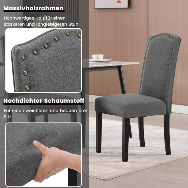 Rootz Sæt med 4 spisestuestole - Højryggede stole - Køkkenstole - Ergonomisk design - Holdbart massivt træ - Gulvbeskyttelse - Linned Mørkegrå - 47cm