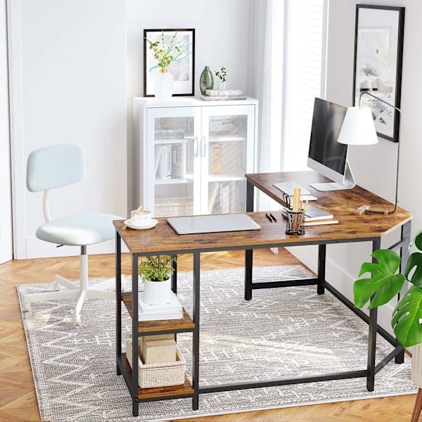 Rootz Industrial Computer Desk - Vintage toimistopöytä - L-muotoinen pöytä - Musta metallirunko - Tilaa säästävä - Säädettävät jalat - Runsaasti säily