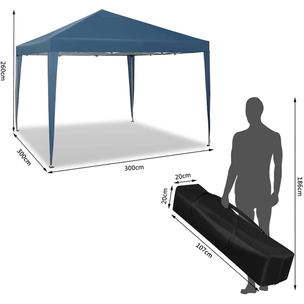 Rootz Gazebo Pop-Up telt - Vandtæt Pagoda - Solbeskyttelsesoverdækning - Robust og stabil, UV- og regnbestandig, Nem opsætning - 3 x 3 m Blå