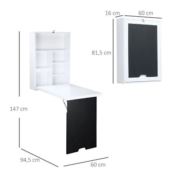 Rootz Väggskrivbord - Fällbar bordsskiva - Väggbord - 5 fack - Utrymmesbesparande - Svart+ Vit - 60x94,5x147cm