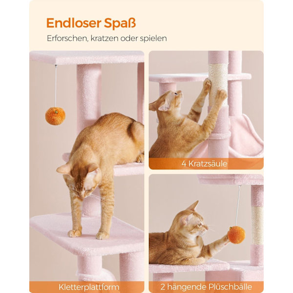 Rootz Cat Skrapstolpe - Kitty Tree - Cat Tower - Chipboard Plysch Sisal - 55cm x 45cm x 143cm - Pastellrosa - Robust konstruktion - Flera katter - Enk