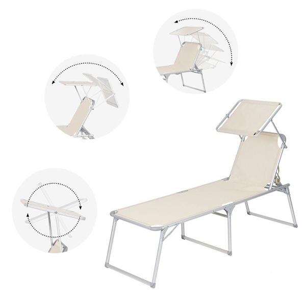 Rootz Solstol - Utomhussolstol - Fällbar solstol - Justerbar solstol - Trädgårdssolstol - Med Dyna Och Tak - Beige - 65 x 200 x 48 cm
