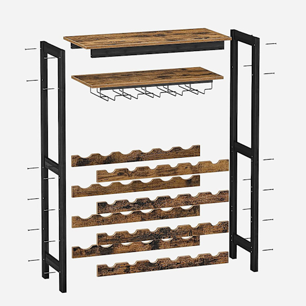 Rootz vinreol med glasholdere - vinholder - flaskereol - stående - industriel - brun og sort - 66 x 30 x 100 cm