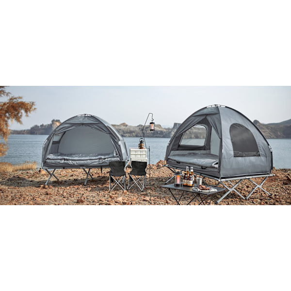 Rootz Allt-i-ett campingset - Pop-up-tält - Bärbar tältsäng - Sovsystem utomhus - Slitstark Oxford-nylon - Myggskydd - Enkel transport - 193 cm x 160
