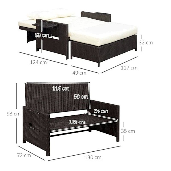 Rootz Poly Rattan Lounge Sohva - Puutarhasohva - Aurinkotuoli - 2-paikkainen - Tyyny - Jakkara - Ruskea