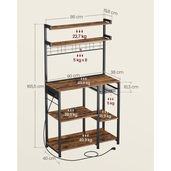 Rootz Vintage Ruskean musteen musta kakkuteline - Cupcake-teline - Lastulevy teräs - Suuri - Tukeva - Tilava - Helppo koota - 40 cm x 90 cm x 165,5 cm