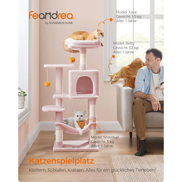 Rootz Jelly Pink Cat kradsestolpe - Kattetræ - Katteklatrestativ - Spånplade Plys Sisal - 45cm x 35cm x 112cm - Robust konstruktion - Multi-Cat Hushol