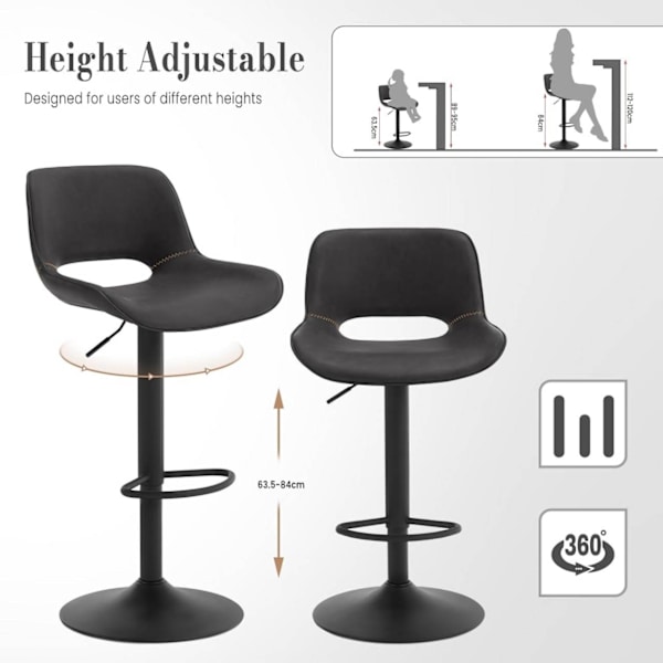 Rootz Barstol i imiteret læder - Vintage barstol - Vandtæt og ergonomisk - Justerbar højde - 48 cm x (85-105,5 cm) x 49 cm