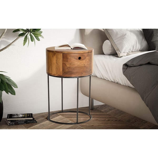 Rootz Round Night Box - Modern Nightstand - Elegant sängbord - Unik handgjord design - 40 cm x 40 cm x 60 cm - Sheesham Wood