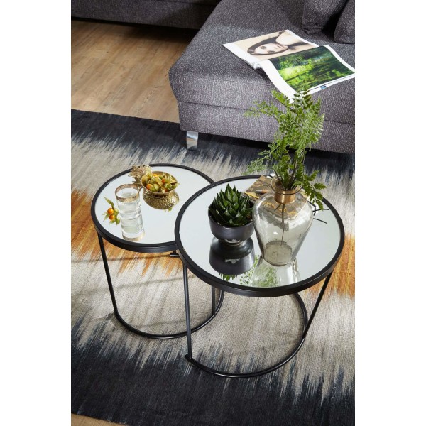 Rootz design sidobord runt Ø 50-42 cm - 2 st svart med spegelglas - Vardagsbord set om 2 - Nesting bord spegelvänt soffbord