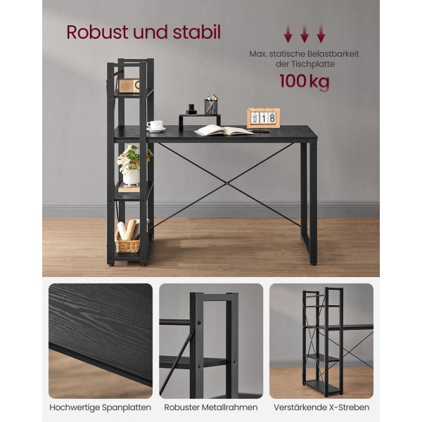 Rootz Ebony Black Skrivebord - Studiebord - Arbejdsstation - Spånplade og stål - Rummelig - Robust - Nem montering - 56cm x 120cm x 120cm