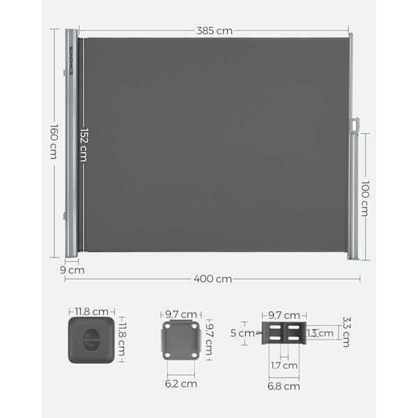 Rootz Privacy Protection Sidomarkis - Terrassskärm - Balkongskärm - Aluminiumlegering - UV-skydd - Inomhus utomhusbruk - 160cm x 400cm