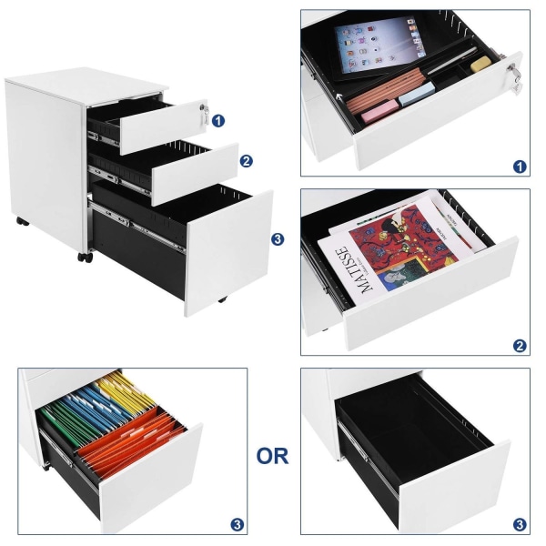 Rootz Låsbart kontorskab med hængemappe - Under skrivebord med 3 skuffer - Formonteret - Til arkiver og dokumenter - Hvid (52 x 39 x 60 cm)