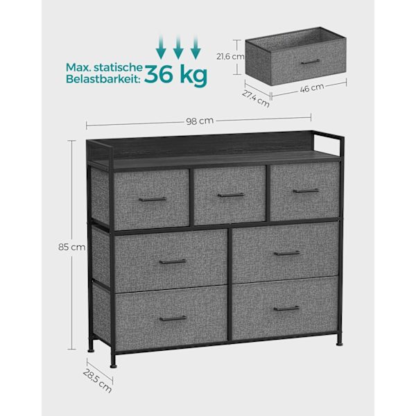 Rootz kommode med 3 skuffer - Opbevaringsskab - Grå sort trækorn - Spånplade Stål Non-Woven stof - Store skuffer - 28,5 cm x 98 cm x 85 cm - 12,8 kg V