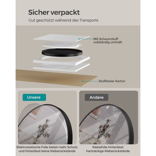 Rootz rundt spejl - Makeupspejl - Vægspejl - Aluminiumslegering - Glas - MDF - Letvægts - Let at installere - 50 cm x 3,6 cm - Blæk sort