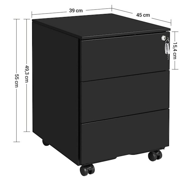 Rootz Rollcontainer - Rullfack i stål - Mobilt arkivskåp - Låsbart med 3 lådor - Filförvaring - Kontorsmaterial, Kontor, Hemmakontor - Svart