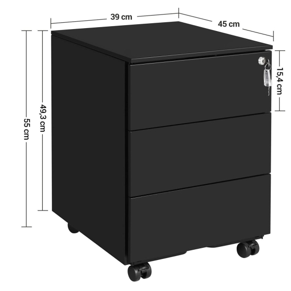 Rootz Rollcontainer - Teräskaappi - Siirrettävä arkistokaappi - Lukittava 3 laatikolla - Tiedostojen säilytys - Toimistotarvikkeet, toimisto, kotitoim