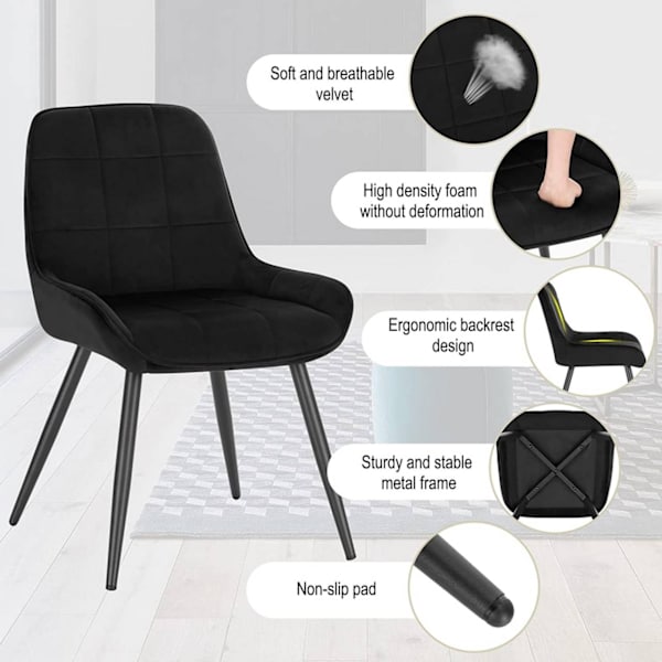 Rootz Set med 6 matstolar - Sammetsstolar - Stoppade stolar - Ergonomisk design, slitstark, golvskydd - 81,5 cm x 38 cm x 43 cm