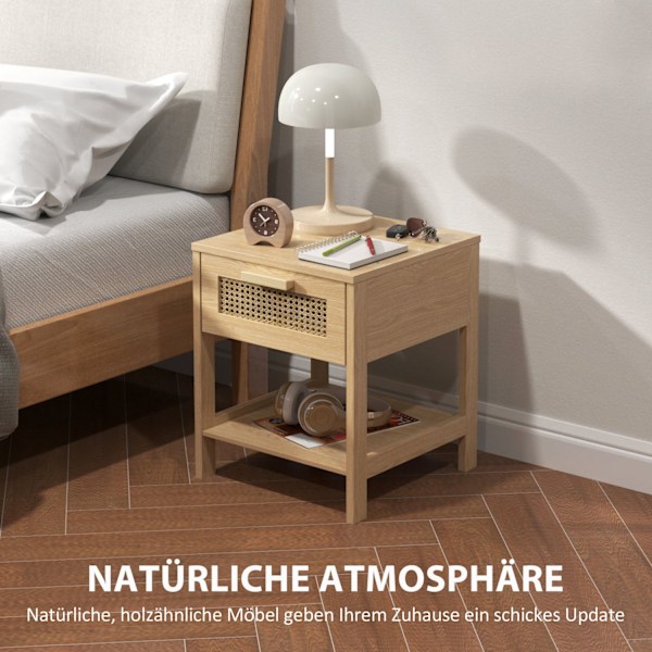 Rootz Bedside Night Cabinet - Side Bord med skuffe - MDF - Rattan Design - 40 x 40 x 48,4 cm