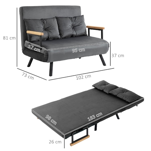 Rootz 2-personers fløjlssovesofa - sovesofa - sovesofa - Justerbart ryglæn - tyk polstring - 102 cm x 73 cm x 81 cm (sofa) / 183 cm x 98,5 cm x 26 cm