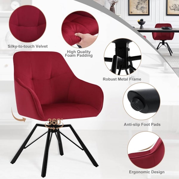 Rootz vridbar matstol - Roterande stol - Ergonomisk stol - 360° vridbar, bekväm design, robust konstruktion - sammet och metall - 58,5 cm x 82,5 cm x