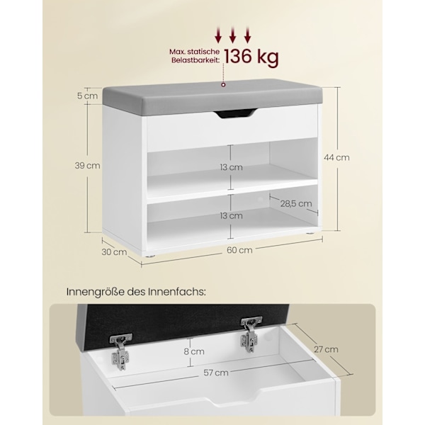 Rootz Shoe Bench - Entryway Organizer - Skostativ - Spånplade - PU polstring - 30cm x 60cm x 44cm
