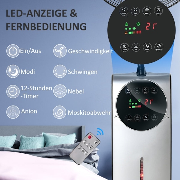 Rootz 2-in-1 -tuuletin - Jalustatuuletin - Sumutuuletin - Säädettävät sumutteen tasot - Aromaterapiayhteensopiva - Ohjelmoitava ajastin - Ø 44,5 x 135