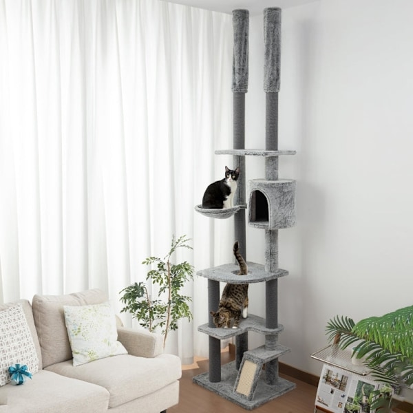 Rootz Cat Scratching Post Tree - Justerbara höjder - Mysiga hängmattor - Flera nivåer - Mjukt skydd - Rejäla stöd - Golv till tak - Grå - 60cm x 48cm