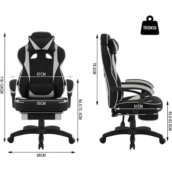 Rootz Gaming Chair med Fotstöd - Kontorsstol - Justerbar fällbar sits - Ergonomisk design - Leathaire Tyg - 55cm x 51cm x 76,5cm