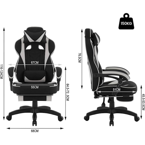 Rootz Gaming stol med fodstøtte - Kontorstol - Justerbart tilbagelænet sæde - Ergonomisk design - Leathaire stof - 55cm x 51cm x 76,5cm