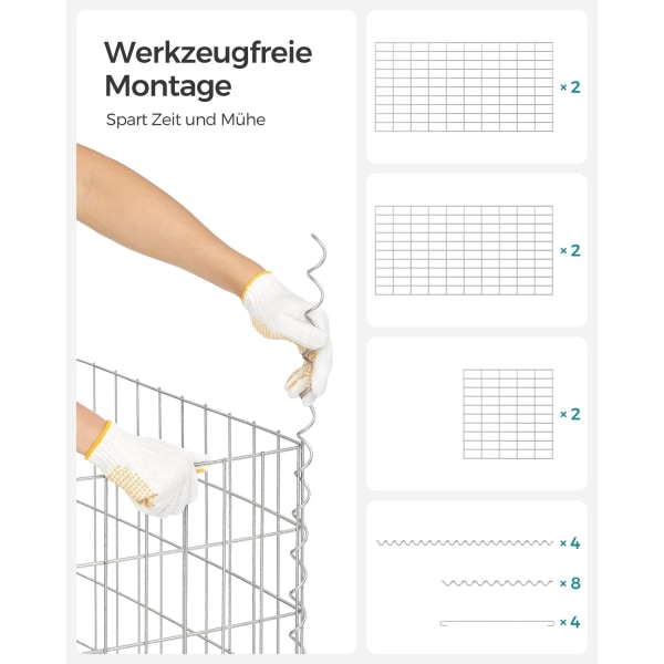 Sølv Rootz Gabion Sæt - Metal Mesh - Spiralpind - Galvaniseret stål - Nem montering - Holdbar konstruktion - Alsidig brug - 100cm x 50cm x 50cm