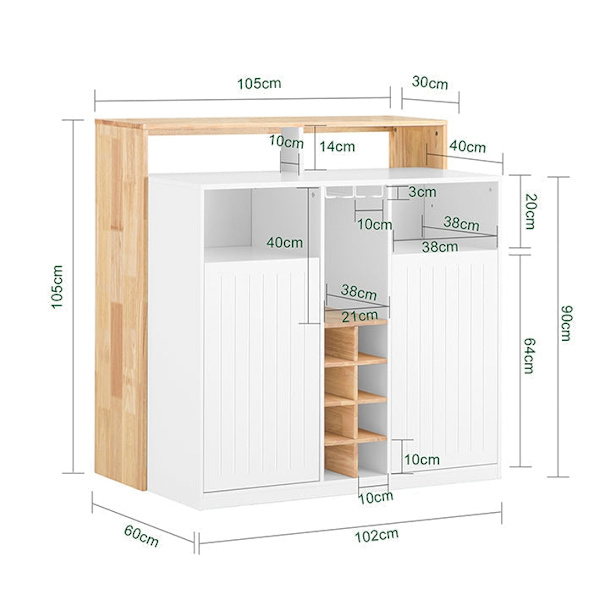 Rootz Kitchen Island - Barbord - Skänk - Expanderbar design - Vinförvaring - Glashållare - Gummiträskiva - 105cm x 105cm x 60cm
