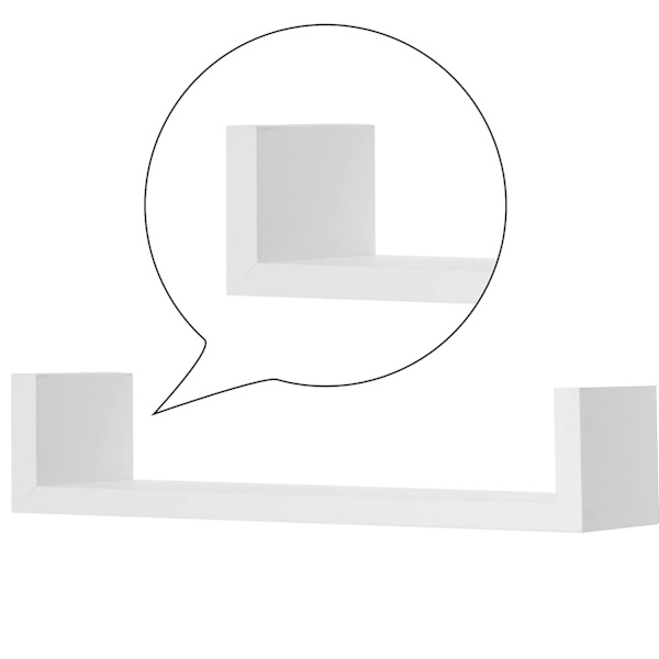 Rootz væghylder - U-formet display - Hængende reol - Dekorativ opbevaring - Vægtavlesæt - Flydende afsatser - Hvid - 26x9,7x6cm, 34x9,7x7,5cm, 42x9,7x