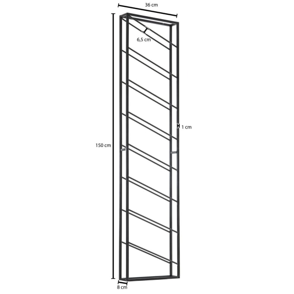 Rootz ställ vägg metall svart 36x150x8 cm stor för 8 flaskor - Design vägghylla för köket - Flaskställ Hängande smal Väggmonterad