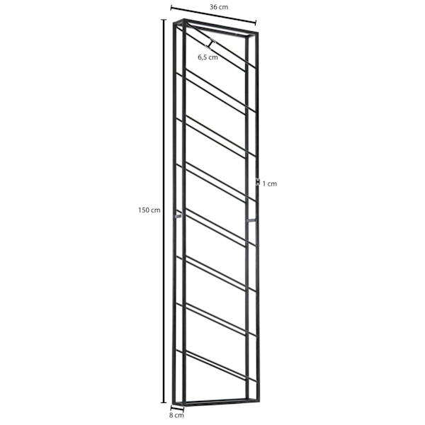 Rootz stativ væg metal sort 36x150x8 cm stor til 8 flasker - Design væghylde til køkkenet - Flaskestativ Hængende Smal Vægmonteret