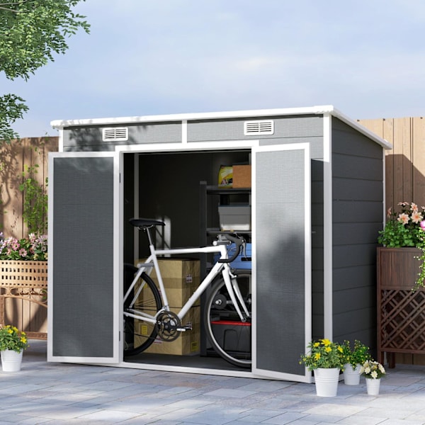 Rootz 2,4 x 1,3 metrin puutarhatalo - Shed - Storage Unit - sää- ja UV -kestävät - 238 cm x 125 cm x 165/183 cm - harmaa