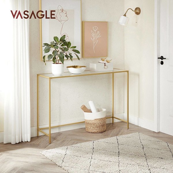 Rootz guldfarvet gennemsigtigt glaskonsolbord - Stålstel - Entrébord - Sofabord - Robust konstruktion - Nem montering - 35 cm x 120 cm x 80 cm