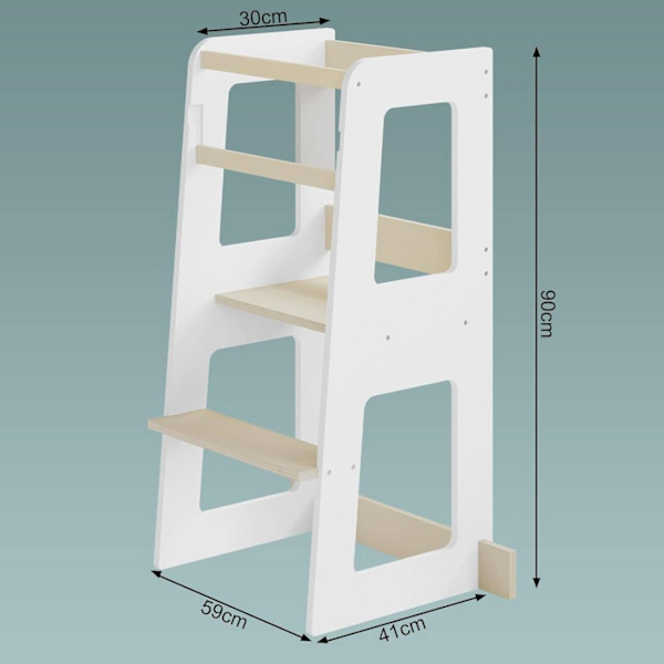 Rootz Kids Learning Tower turvatangoilla - Montessori Kitchen Helper - Valkoinen puu - Taaperoiden jakkara - 59cm x 90cm x 41cm