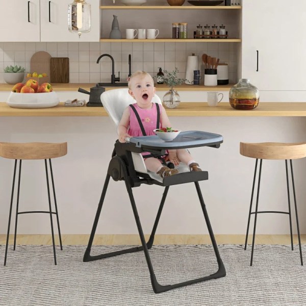 Rootz Baby højstol - Sammenklappelig barnestol - 5 punkts stropper - Dobbelt bakke - Blå + Sort + Hvid - 70L x 53W x 107H cm