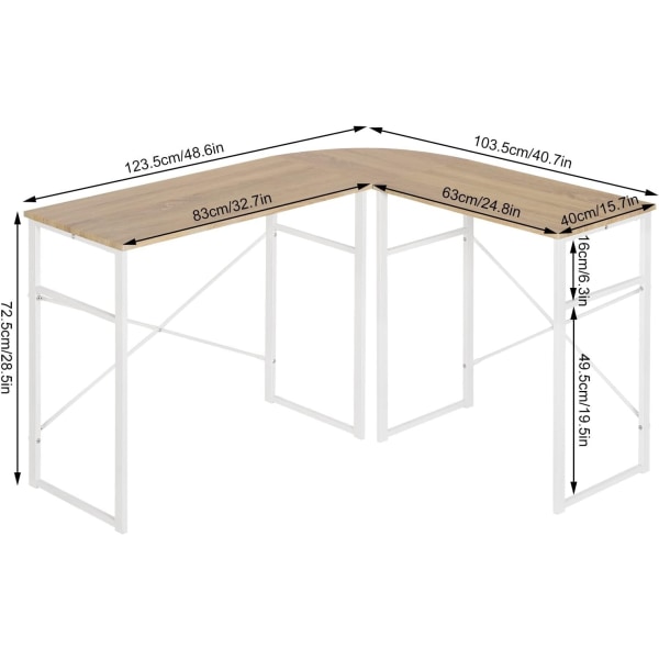 Rootz L-format skrivbord - Hörnskrivbord - Kontorsarbetsstation - Utrymmesbesparande design - Robust konstruktion - Enkel montering - 83 cm x 72,5 cm